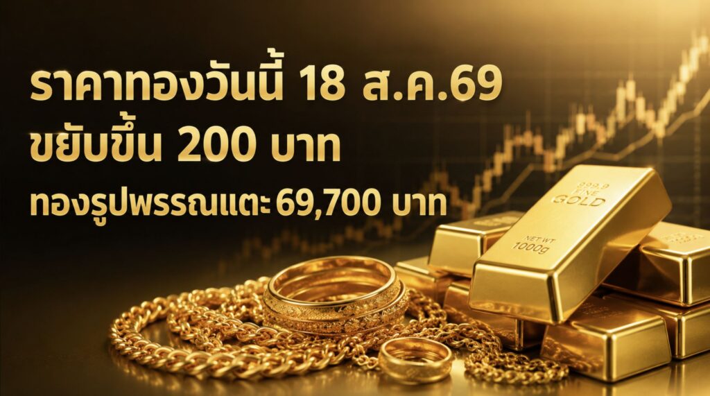 ราคาทองวันนี้ 18 ส.ค. 2569 ราคาทองคำขยับขึ้น 200 บาท ทองรูปพรรณแตะ 69,700 บาท