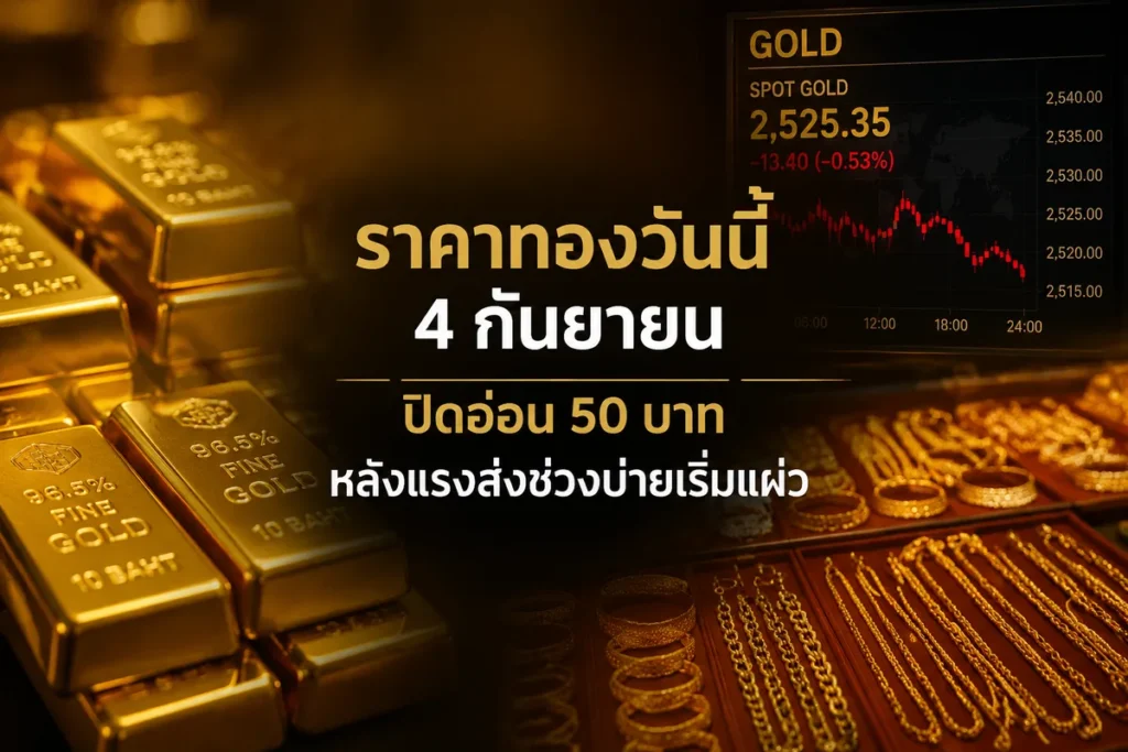 ราคาทองวันนี้ 4 กันยายน ปิดอ่อน 50 บาท หลังแรงส่งช่วงบ่ายเริ่มแผ่ว
