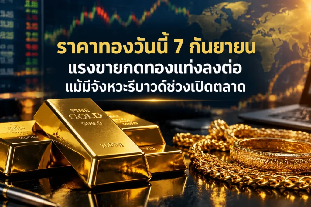 ราคาทองวันนี้ 7 กันยายน แรงขายกดทองแท่งลงต่อ แม้มีจังหวะรีบาวด์ช่วงเปิดตลาด