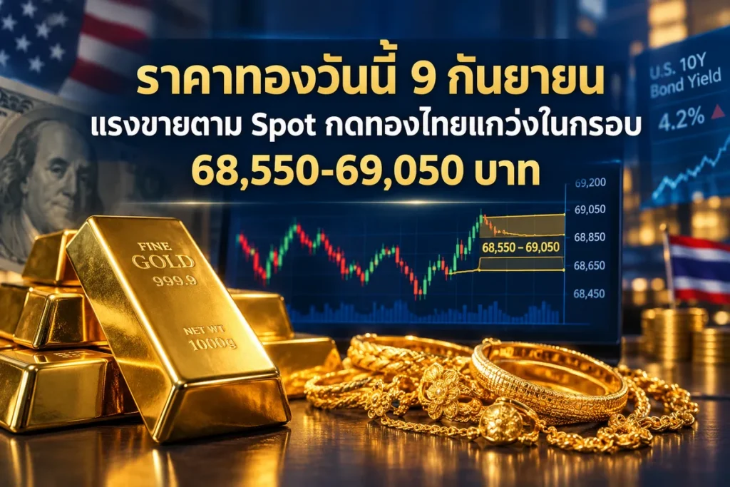 ราคาทองวันนี้ 9 กันยายน แรงขายตาม Spot กดทองไทยแกว่งในกรอบ 68,550-69,050 บาท