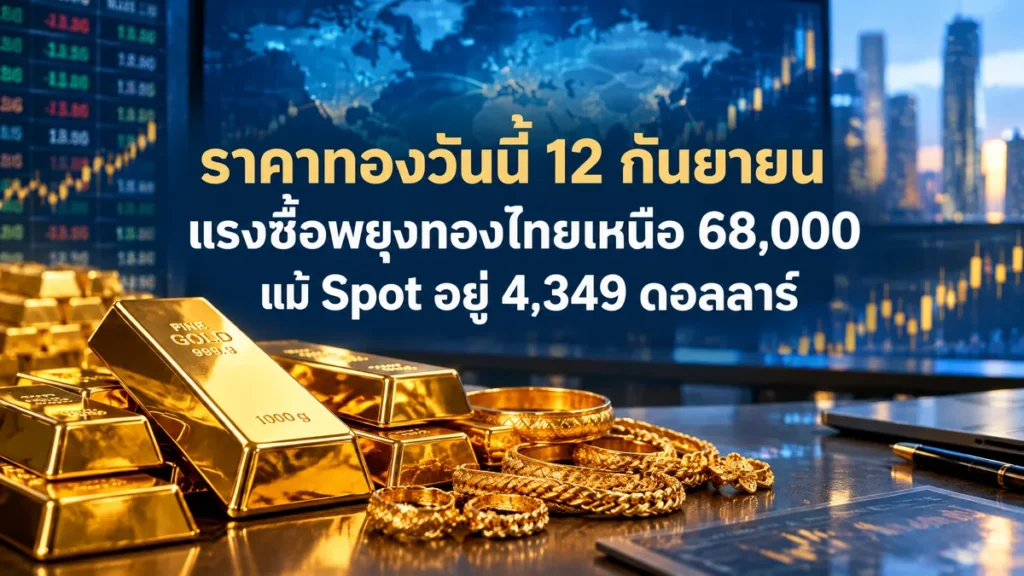 ราคาทองวันนี้ 12 กันยายน แรงซื้อพยุงทองไทยเหนือ 68,000 แม้ Spot อยู่ 4,349 ดอลลาร์