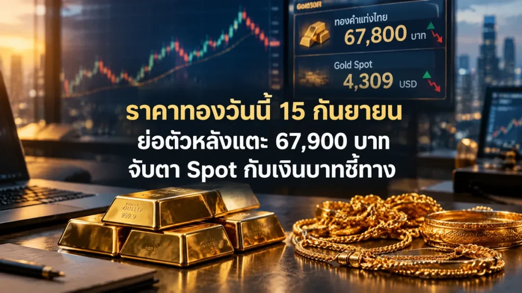 ราคาทองวันนี้ 15 กันยายน ย่อตัวหลังแตะ 67,900 บาท จับตา Spot กับเงินบาทชี้ทาง