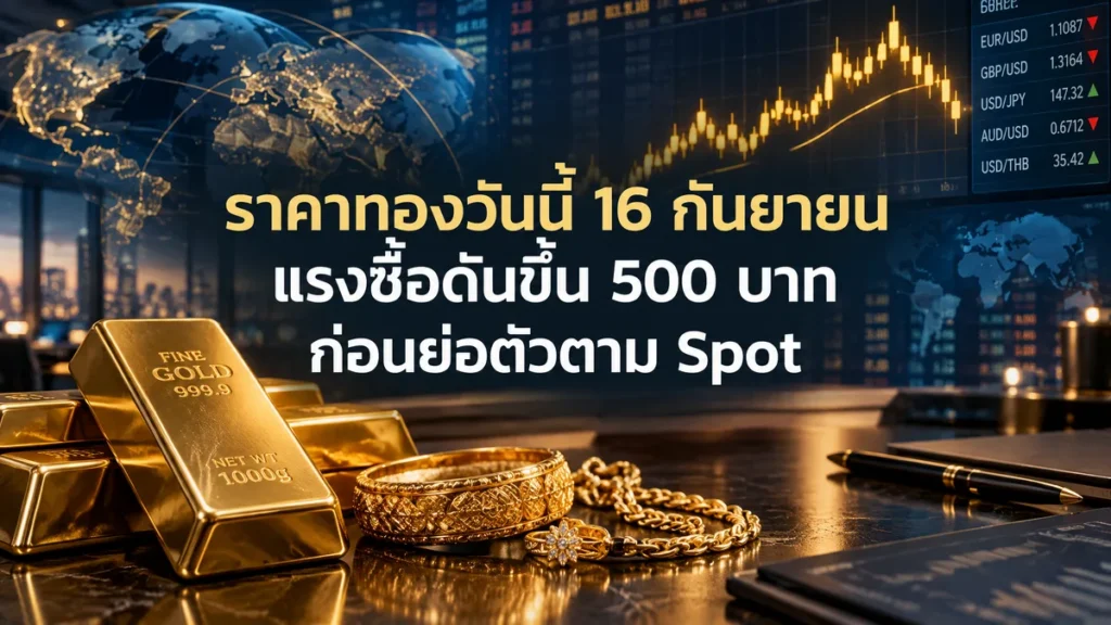 ราคาทองวันนี้ 16 กันยายน แรงซื้อดันขึ้น 500 บาท ก่อนย่อตัวตาม Spot