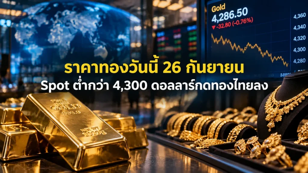 ราคาทองวันนี้ 26 กันยายน Spot ต่ำกว่า 4,300 ดอลลาร์กดทองไทยลง