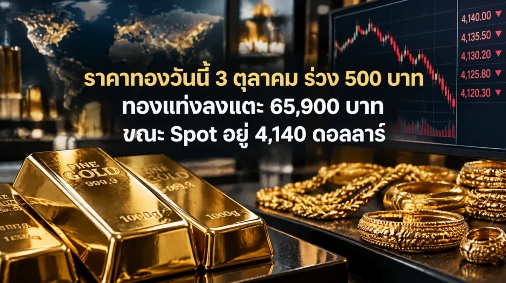 ราคาทองวันนี้ 3 ตุลาคม ร่วง 500 บาท ทองแท่งลงแตะ 65,900 บาท ขณะ Spot อยู่ 4,140 ดอลลาร์