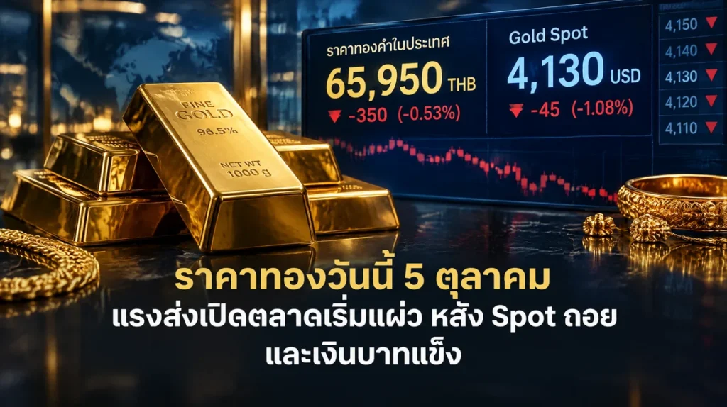 ราคาทองวันนี้ 5 ตุลาคม แรงส่งเปิดตลาดเริ่มแผ่ว หลัง Spot ถอยและเงินบาทแข็ง