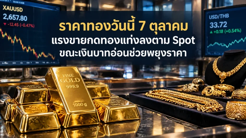 ราคาทองวันนี้ 7 ตุลาคม แรงขายกดทองแท่งลงตาม Spot ขณะเงินบาทอ่อนช่วยพยุงราคา