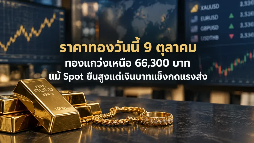 ราคาทองวันนี้ 9 ตุลาคม ทองแกว่งเหนือ 66,300 บาท แม้ Spot ยืนสูงแต่เงินบาทแข็งกดแรงส่ง